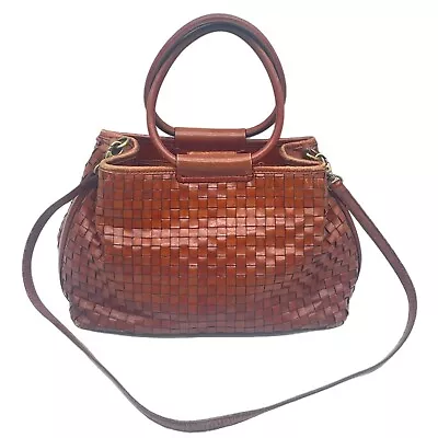 Vintage FOSSIL Bag Purse Woven Basket Weave Leather Double Handle + Strap Brown • $24.95