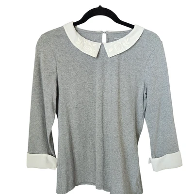 $35 • Buy Garnet Hill Top Women Size S Peter Pan Collar Embroidery Gray White Blouse Tee