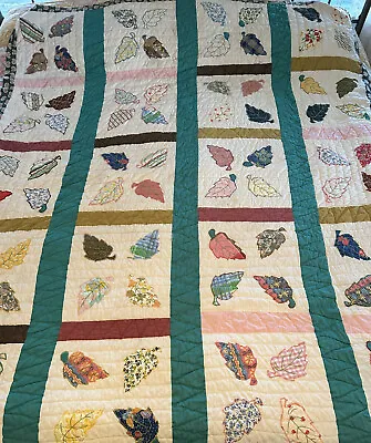 Vintage Handmade  Quilt  Leaf Pattern Hand Appliquéd And Quilted 78” X 68” • $99.99