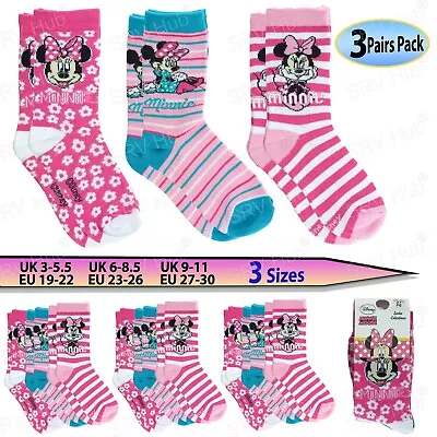 3Pairs Licensed Minnie Mouse All Seasons Cotton Socks For Girls Kids Toddler • £7.59