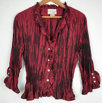 Crinkle Fabric Ruffle Pirate Blouse Size L. Maroon Crystal Buttons Carrie Allen • $19