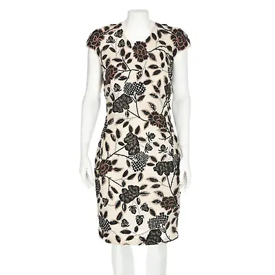 NAEEM KHAN Ivory Wool Crepe Sheath Dress W/ Black Beads Metal Embroidery SZ 10 • $399