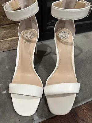 EUC Vince Camuto Size 9M White Leather Open Toe Ankle Strap Heel Sandal. • $16