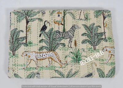 £35.99 • Buy Forest Print Hand Block Cotton Twin Kantha Quilt Indian Bedspread Handmade Throw