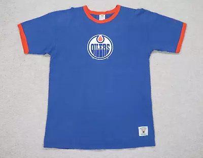 VINTAGE Edmonton Oilers Shirt Large Ringer Blue Bulletin Sports NHL Hockey • $19.44