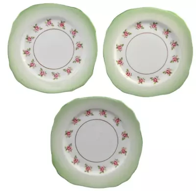 Guaranteed English Bone China Bread Dessert Plate Green Trim Pink Flowers 3 Vtg • $15.99