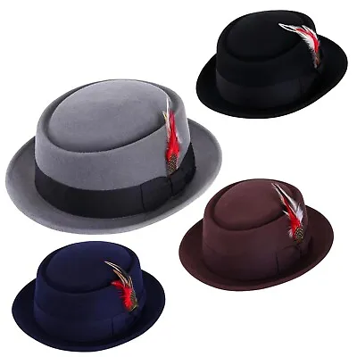 Men's Classic Felt Wool Pork Pie Heisenberg- Breaking Bad Hat Removable Feather • $66.28