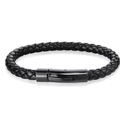 Men Braided Bolo Leather Bracelet W/ Stainless Steel Locking Clasp - Black Brown • $9.99