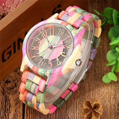 Transparent Hollow Arabic Numerals Dial Colorful Bamboo Watch Quartz Wristwatch • $26.39