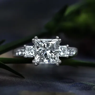 Three Stone 3 CT White Princess Cut CZ Unique Halo Engagement Ring In 925 Silver • $79.20