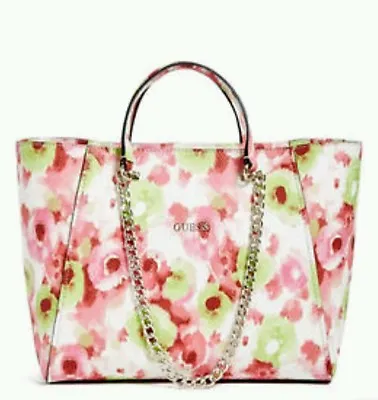 $99 • Buy GUESS Nikki Classic Chain Tote Handbag Purse Pink Floral Print NWT