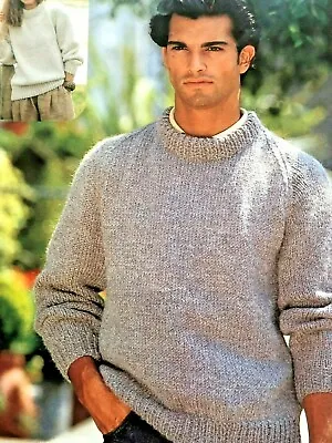 KNITTING PATTERN MENS WOMENS CHUNKY EASY KNIT JUMPER PATTERN   30 - 42  - No 54A • £2.20