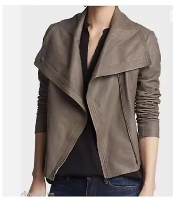 Vince S Small Taupe Gray Brown Leather Asymmetrical Brown Biker Moto Coat Jacket • $84