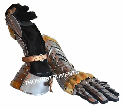 Medieval Knight Crusader Steel Gloves Armor Pair Brass Accents Gauntlet Gift • $63.28