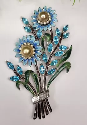 Breathtaking Antique/Vintage CORO Blue Green Flower Brooch RS Enamel Faux Pearls • $35