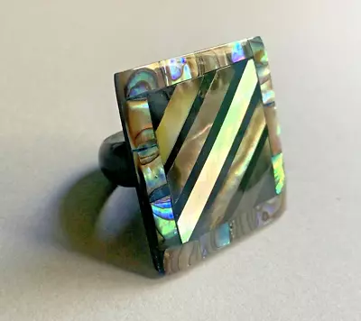 Vintage Abalone & Mother Of Pearl Inlay Stripe Large Square Lucite Ring Sz 8 • $24.95