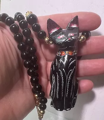 Vintage Black Glass Beaded Necklace With Egyptian Cat Pendant Wooden  • $15.50