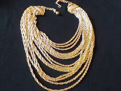 Vintage Multi 15 Strand Bright Gold Tone Chain Bib Necklace 16  Shortest  Exc. • $12