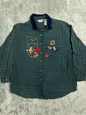 Womens 20W Plus Shirts VTG 90s Victoria Jones Cats Green Plaid Corduroy Collar • $21.50