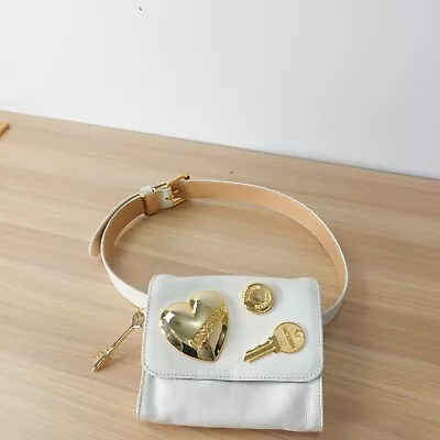 VINTAGE Moschino Leather Belt Bag Fanny Pack Heart Keys Gold White Clutch Y2K • $388.88