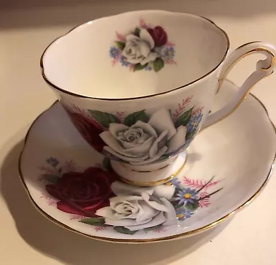 Queen Anne Duet Cup & Saucer Red/White RoseBone China England • $15