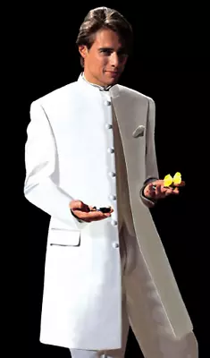 Very Long White Mandarin Chinese Nehru Collar Tuxedo Frock Duster Coat TUXXMAN • $59.95