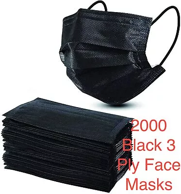 2000 X Black Disposable Face Mask 3 Ply Protective Covering Mouth Masks UK • £14.99