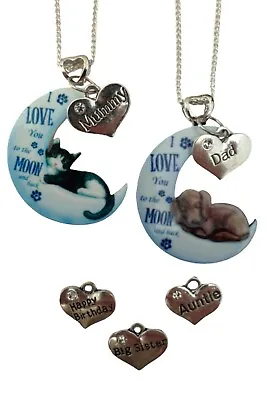 £6.97 • Buy SILVER NECKLACE KITTEN CAT PUPPY DOG Family Charm Pendant Love Heart Gift + Bag
