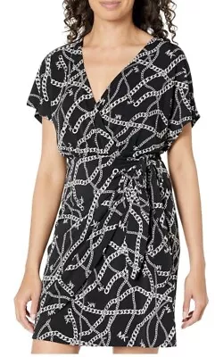 MICHAEL MICHAEL KORS Womens Black MK Printed Short Sleeve Faux Wrap NWT Dress • $35.95