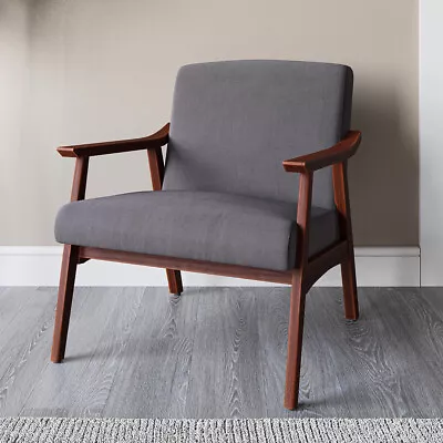 Mid-Century Accent Chair Living Room Upholstered Linen Armchair W/Wood Leg Grey • $169.95