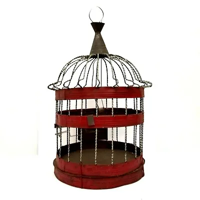 $85 • Buy Round Bird Cage Wire & Metal W Red Patina + Orig Swing, Perch, Feed Cup. Vintage