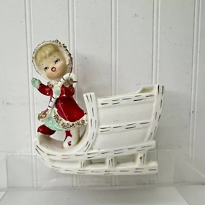 Vintage Ucagco Christmas Girl In Sled Planter Spaghetti Hat & Dress 5.5” • $79.99