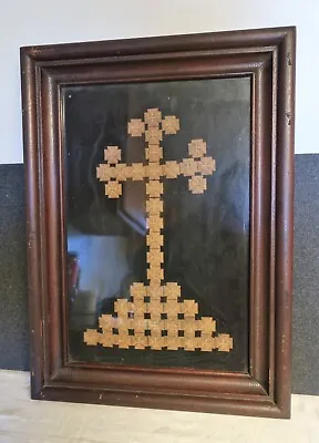 Antique Tramp Art Ornate Memorial Cross In Frame - 19th Century Folk Art! • $100