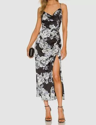 $395 Milly Women Black Satin Floral Lillianna Midi A-Line Dress Size 12 • $126.78