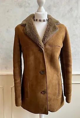 Vintage Tan Brown Real Suede Sheepskin Lambskin Lined Warm Winter Coat 10 • £39.95