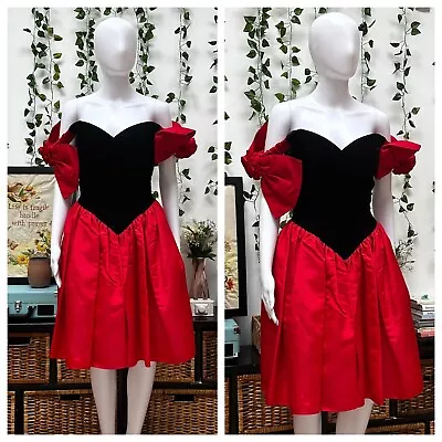 Vintage 80s 90s Gunne Sax Mini Prom Party Dress Black Red Velvet Off Shoulder S • $54.99