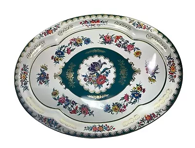 Daher Decorated Ware Tin Platter Tray 1971 15x20 Large Floral Green Oval England • $16.29