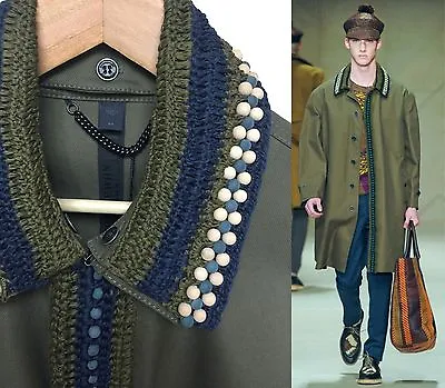 $3595 RUNWAY Burberry Prorsum Men 36 46 Khaki Crochet Beaded Trench Coat Jacket • $2024.59