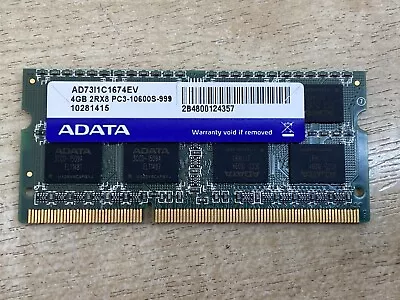 ADATA 4GB 2RX8 DDR3 Laptop Memory PC3-10600S 1333Mhz RAM SODIMM AD73I1C1674EV • £6.95