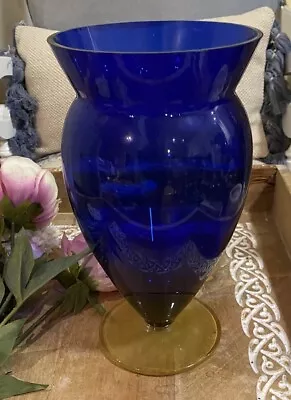 VASE COBALT BLUE-WIDE MOUTH-BASE YELLOW-GORGEOUS GLASS-AS NEW- H28x15cm • $20