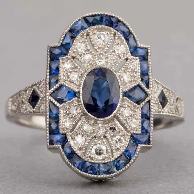 Vintage Art Deco Style 1/2CT Blue Oval Cut CZ CZ Engagement 925 Silver Ring • $88.48