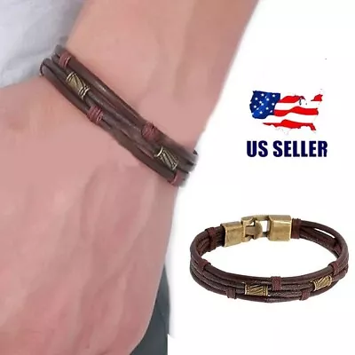 Mens Vintage Leather Wrist Band Brown Rope Bracelet Bangle Braided Cuff Vintage • $7.99