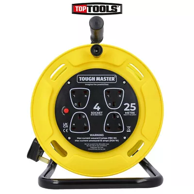 TOUGH MASTER Extension Lead Reel 4 Way 25M 13A Cable Reel With Thermal Cut Off • £37.79