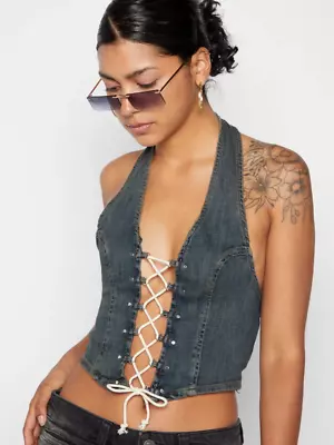 URBAN OUTFITTERS Denim Halterneck Top Large UK 12 @ Vintage Denim Lace Up Bodice • £9.95