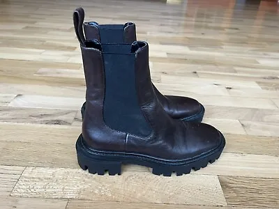 ZARA Women's Brown Leather Chelsea Chunky Boots Size: 36 US:6 • $17