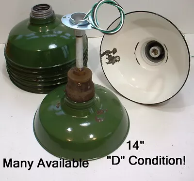 (1) 14  BENJAMIN Cast Iron Top Porcelain Industrial Barn Green Vintage Light D's • $235