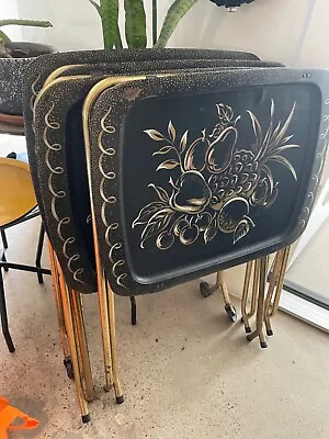 Cal Dak Vintage Metal Folding TV Trays W/stands Toleware Flowers (set Of 4) • $220