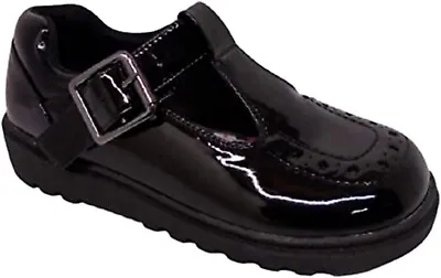 Girls/kids Black Patent Buckle T-bar School Shoes Brogue Pumps Dolly Flat C9-uk3 • £12.98