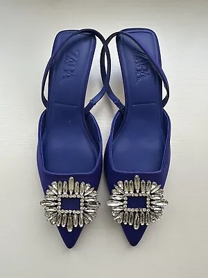 ZARA WOMAN SHIMMERY MID-HEEL SLINGBACK SHOES SIZE US 8.5 BLUE New  With Defects • $49