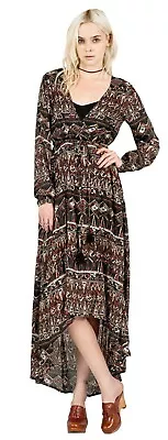 NWOT WOMENS VOLCOM WRAPTURE DRESS $90 S Bark Brown High Low Hem V Neck Maxi • $30